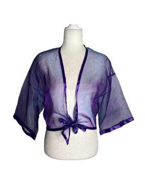Vintage Handmade Sheer Purple Tie Front Kimono Shrug Satin Trim Cover Up S/M